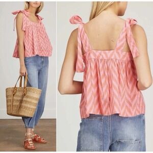 Ulla Johnson Iris Tie Top Cotton Chevron Print Babydoll Tank Bougainvillea Sz 6